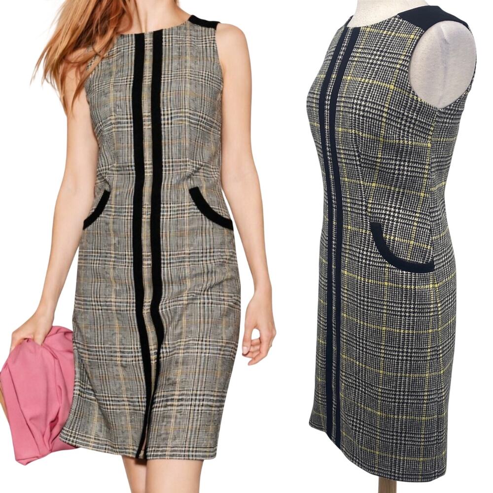 Boden Wool Plaid Shift Dress British Tweed by Moon Sleeveless Gray Black Yellow